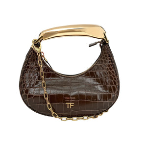 TOM FORD Calfskin Crocodile Embossed Mini Bianca Hobo Chestnut