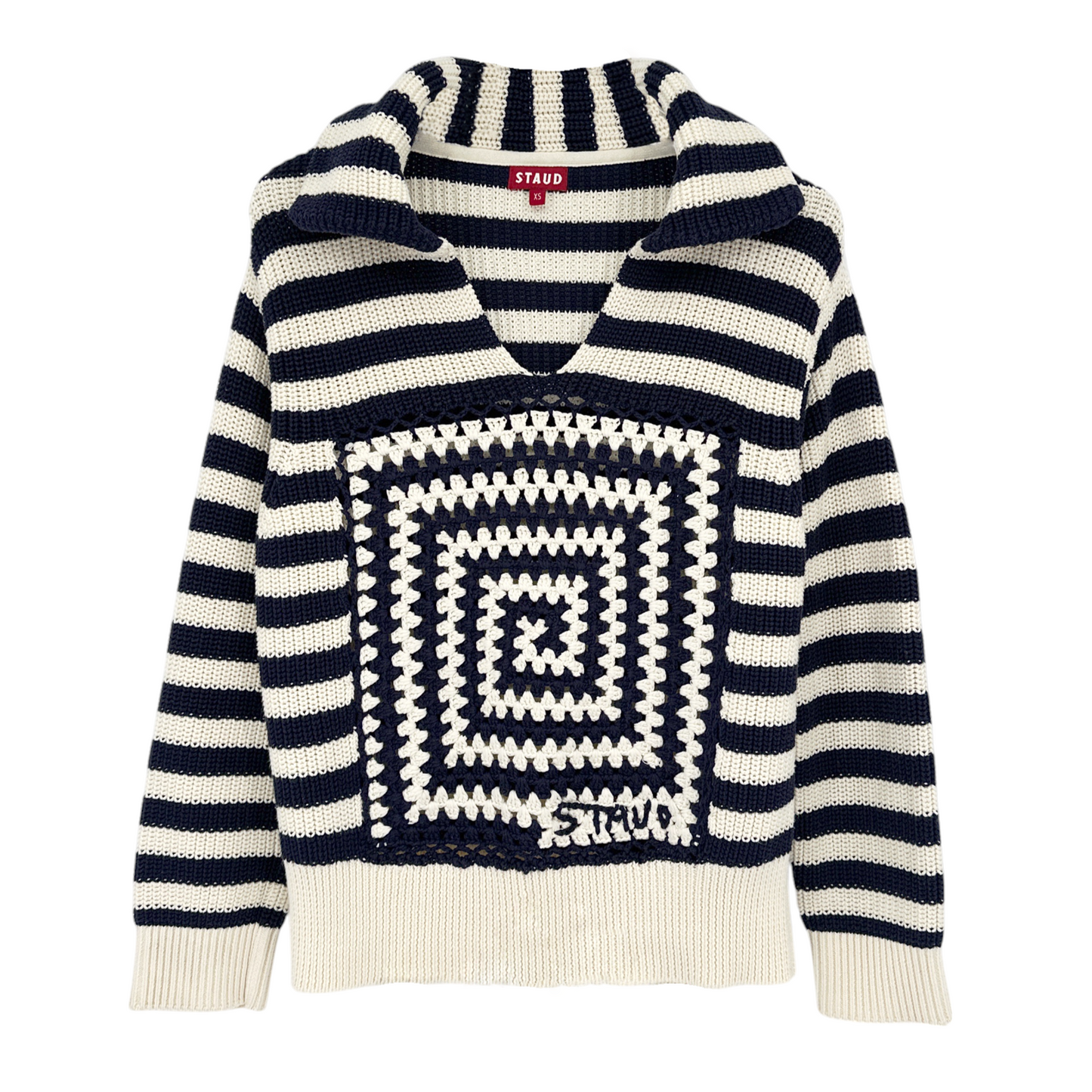 STAUD Alloy Striped Crocheted Cotton Sweater In Acid Cobalt XS