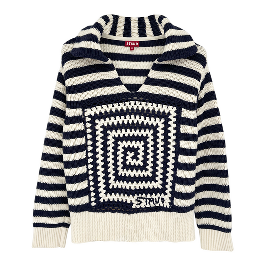 STAUD Alloy Striped Crocheted Cotton Sweater In Acid Cobalt XS