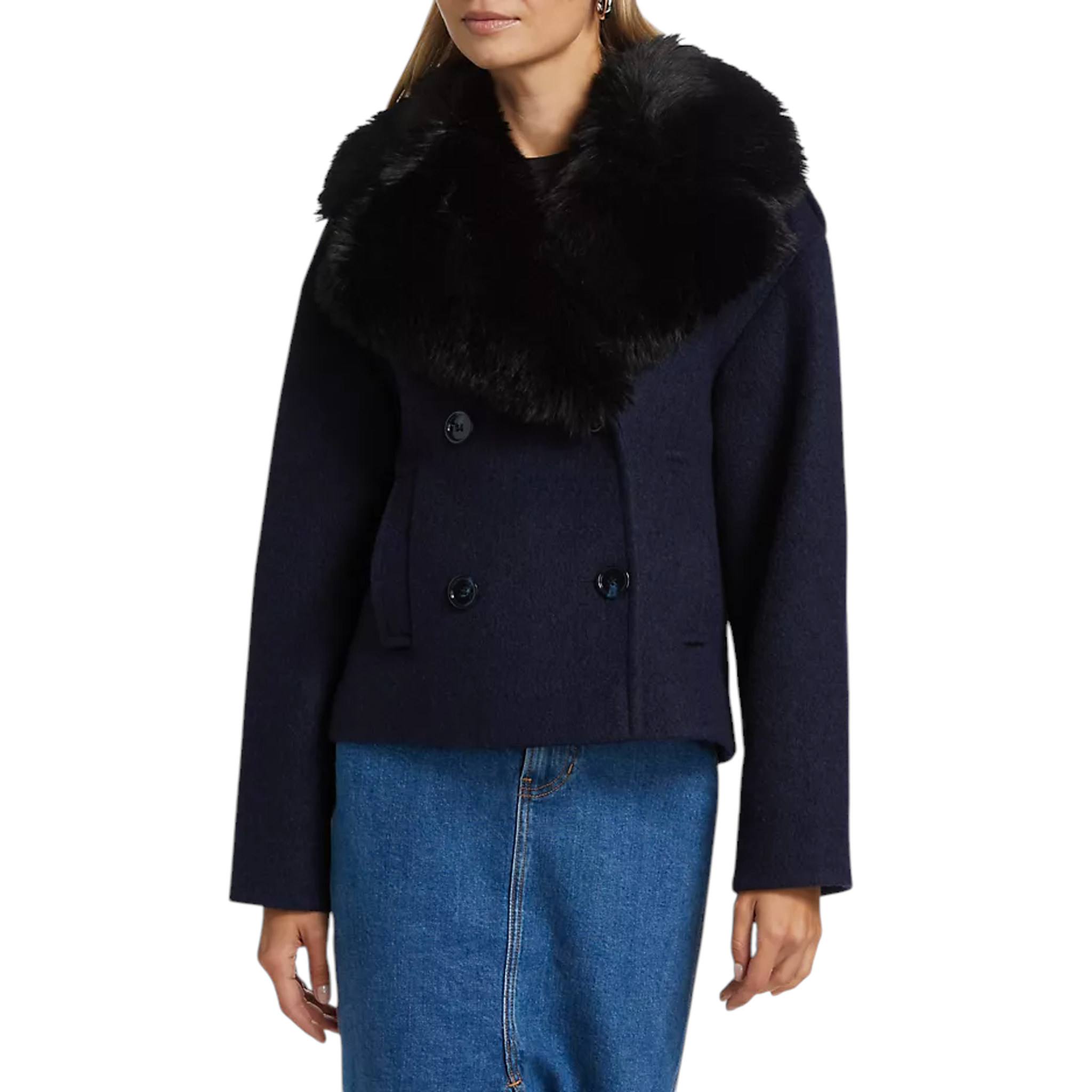 MERCER COLLECTIVE Georgia Faux Fur Collar Double-Breasted Peacoat S Mercer Collective
