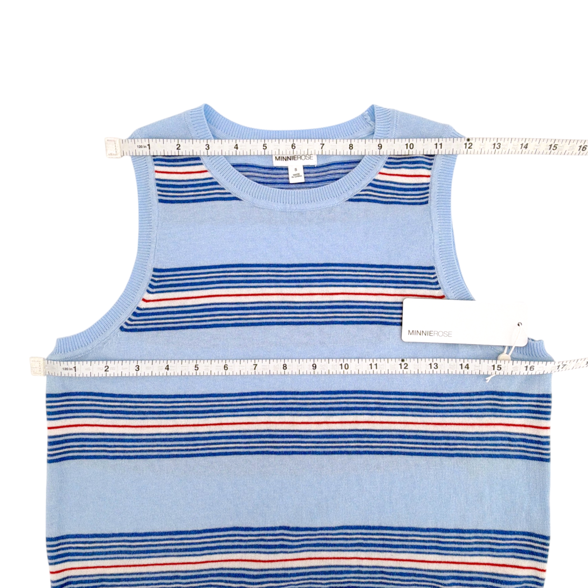 MINNIE ROSE Cotton Cashmere Striped Crew Neck Tank in Sky Blue Combo S Minnie Rose