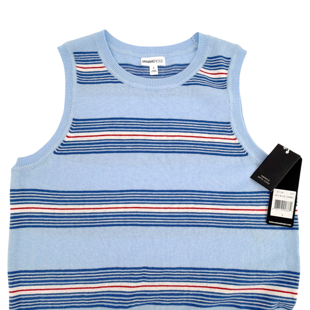 MINNIE ROSE Cotton Cashmere Striped Crew Neck Tank in Sky Blue Combo S Minnie Rose