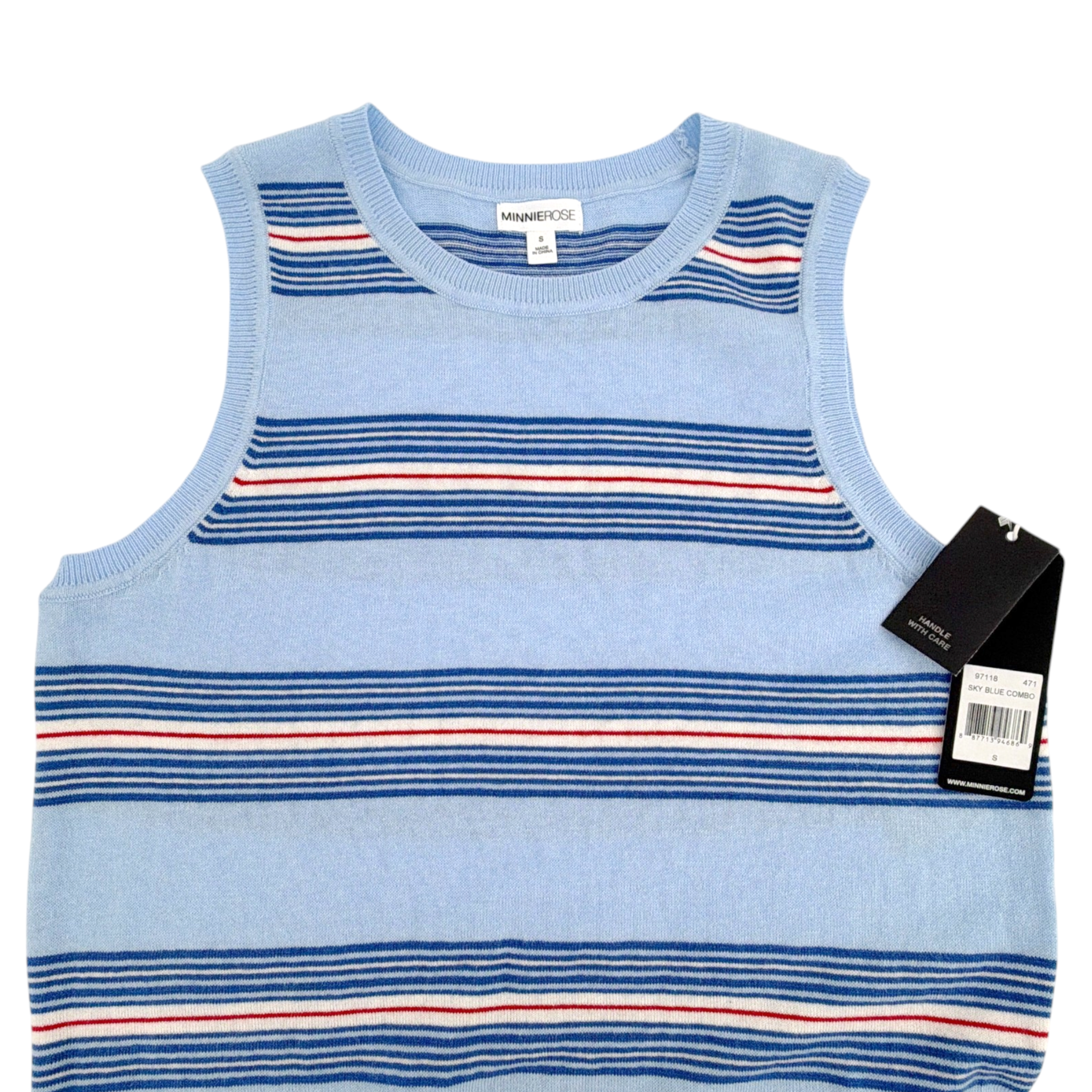 MINNIE ROSE Cotton Cashmere Striped Crew Neck Tank in Sky Blue Combo S Minnie Rose