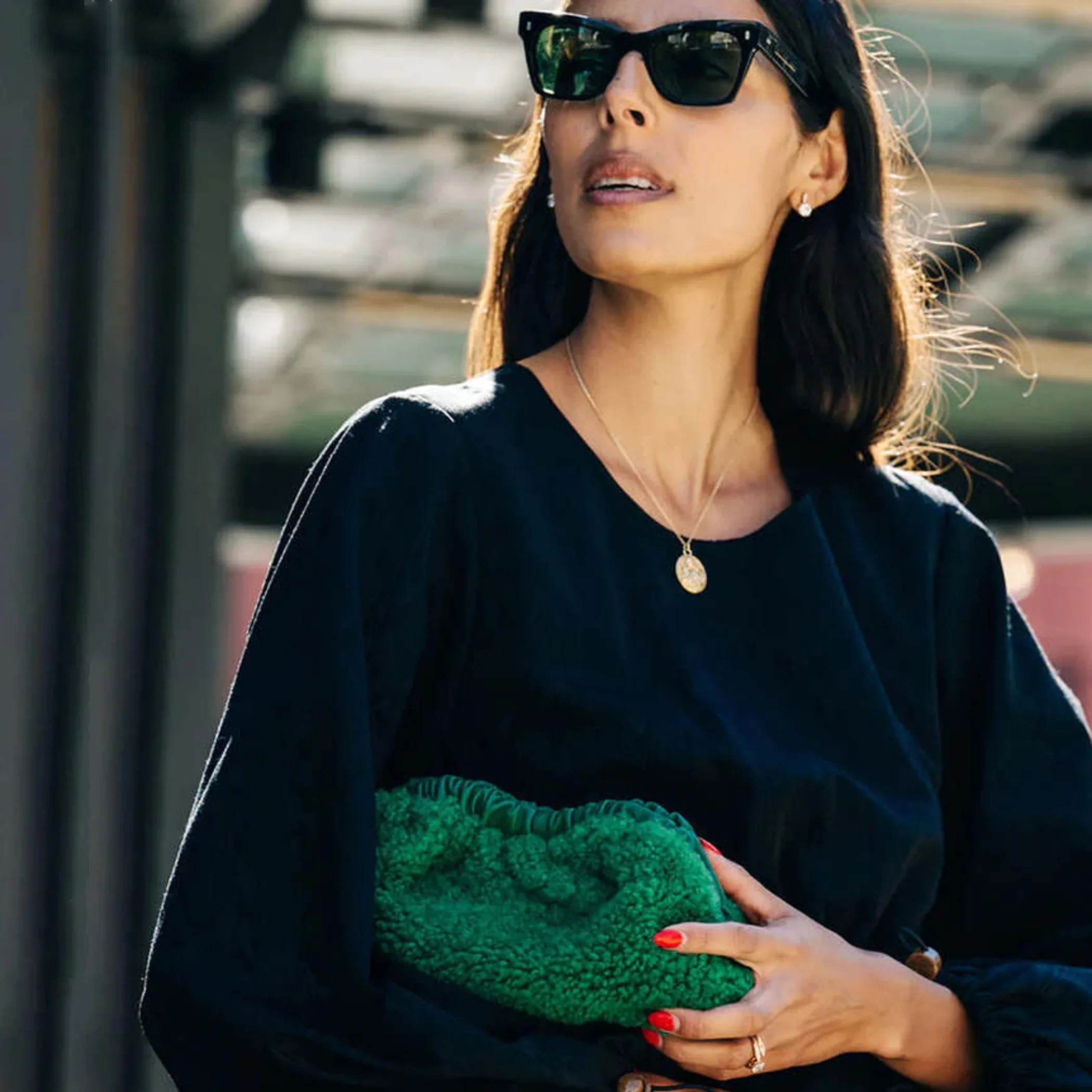 MANSUR GAVRIEL Mini Cloud Clutch Bag in Emerald Shearling - flyKAMP