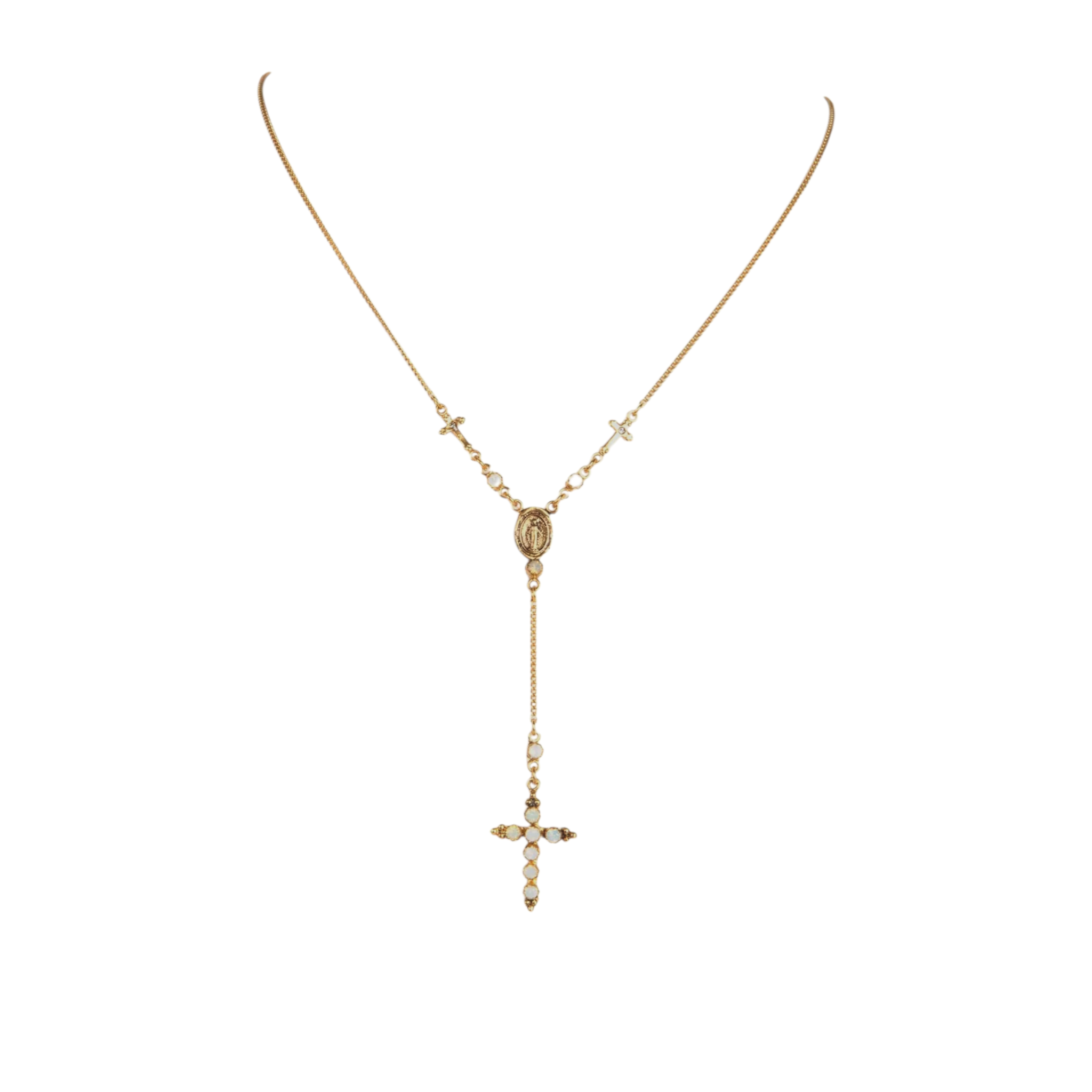 VIRGINS SAINTS & ANGELS VSA Maddie Rosary Necklace in Gold & White Opal Virgins Saints & Angels