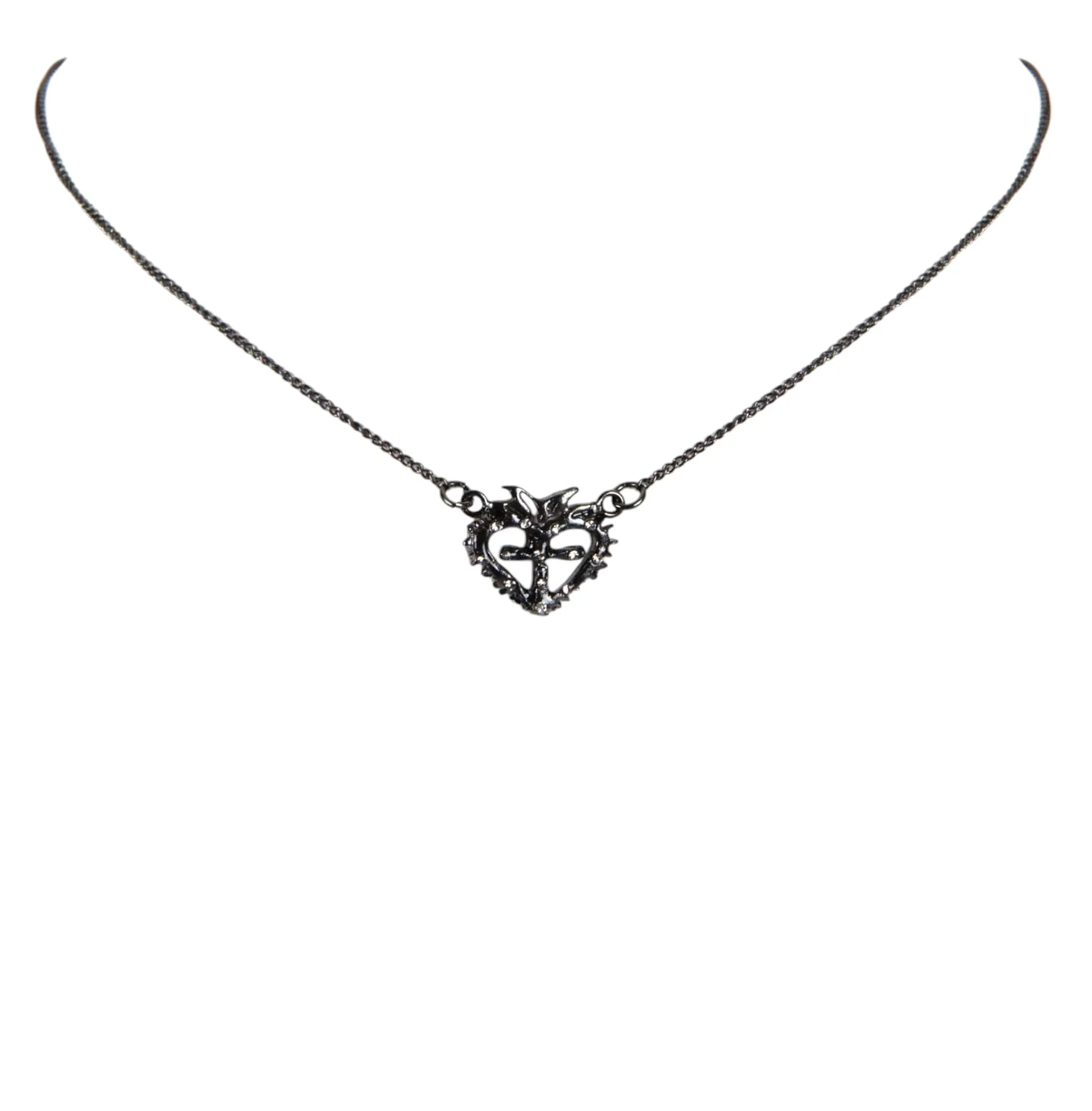 VIRGINS SAINTS & ANGELS Queen of Hearts Petite Crystal Logo Necklace Gunmetal - flyKAMP