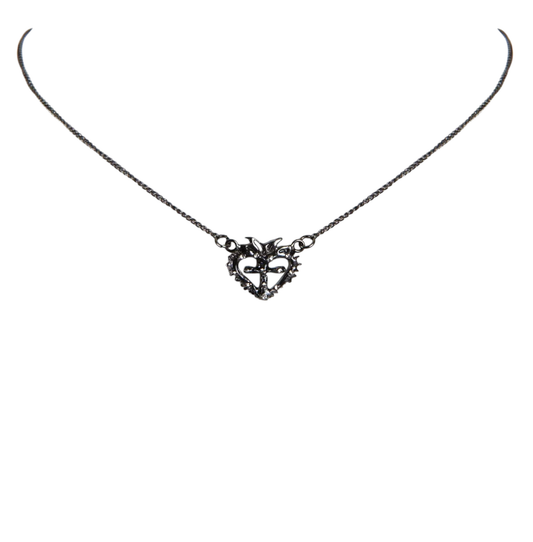 VIRGINS SAINTS & ANGELS Queen of Hearts Petite Crystal Logo Necklace Gunmetal