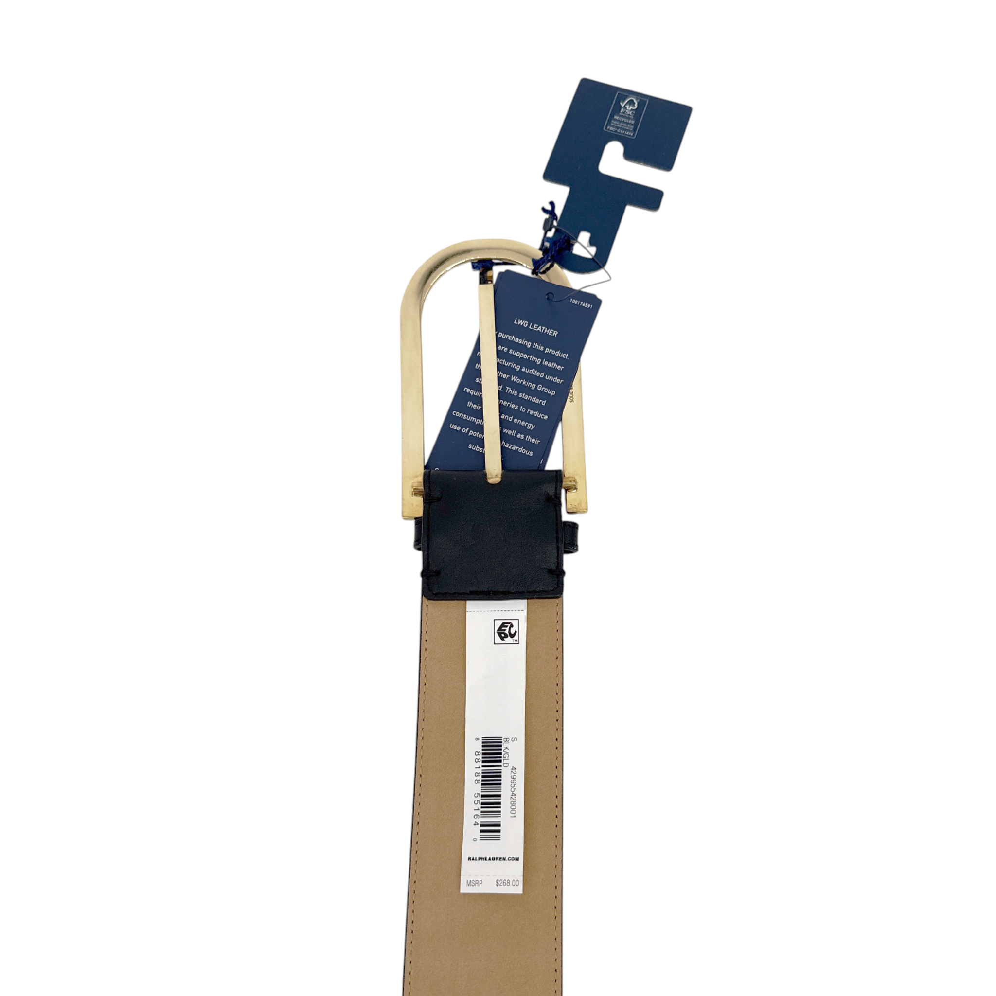 POLO RALPH LAUREN Elongated-Buckle Leather Belt in Black & Gold S Polo Ralph Lauren