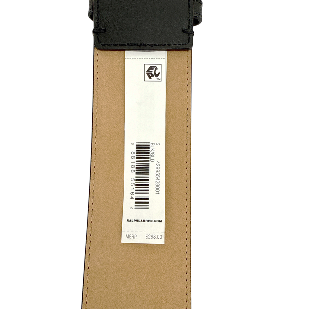 POLO RALPH LAUREN Elongated-Buckle Leather Belt in Black & Gold S Polo Ralph Lauren