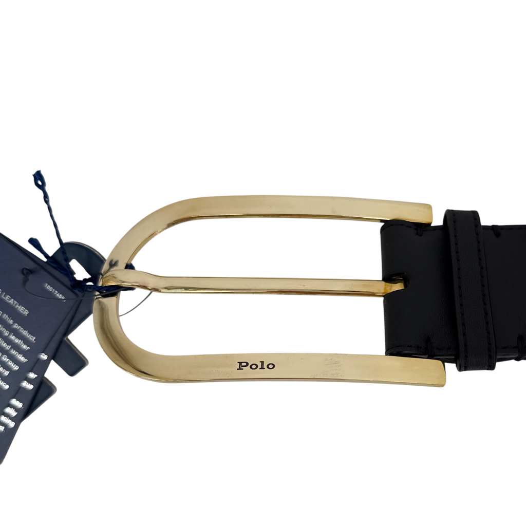 POLO RALPH LAUREN Elongated-Buckle Leather Belt in Black & Gold S Polo Ralph Lauren