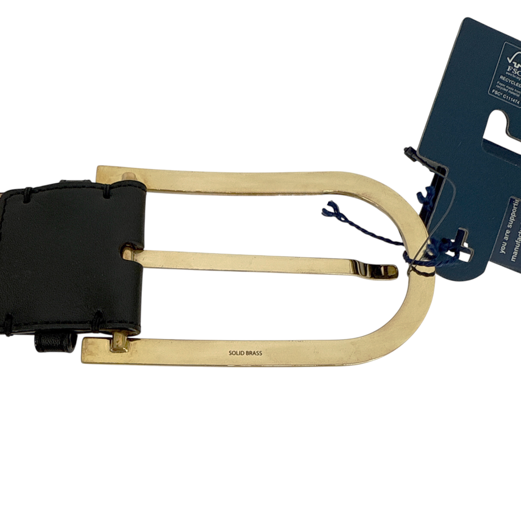 POLO RALPH LAUREN Elongated-Buckle Leather Belt in Black & Gold S Polo Ralph Lauren