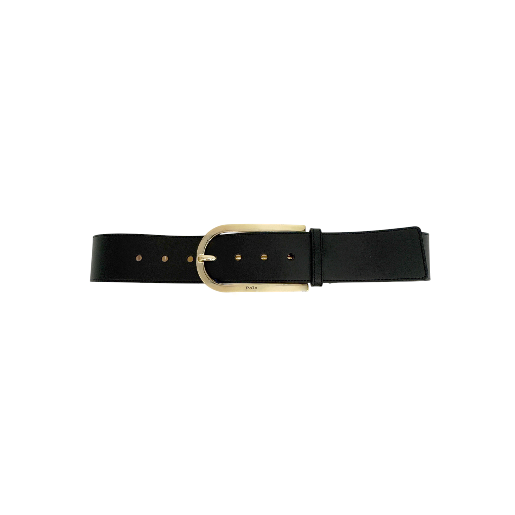POLO RALPH LAUREN Elongated-Buckle Leather Belt in Black & Gold S Polo Ralph Lauren
