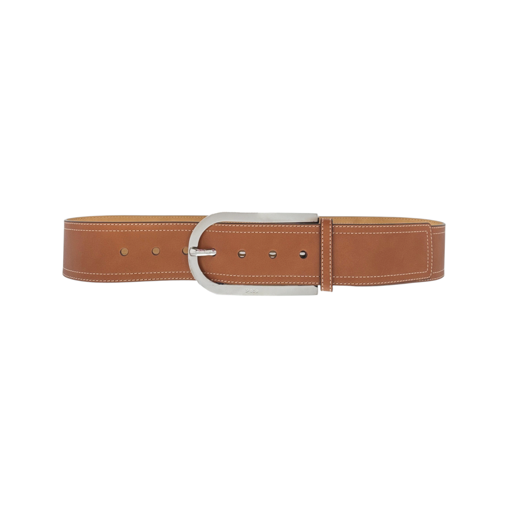POLO RALPH LAUREN Elongated-Buckle Leather Belt in Cuoio & Silver M Polo Ralph Lauren