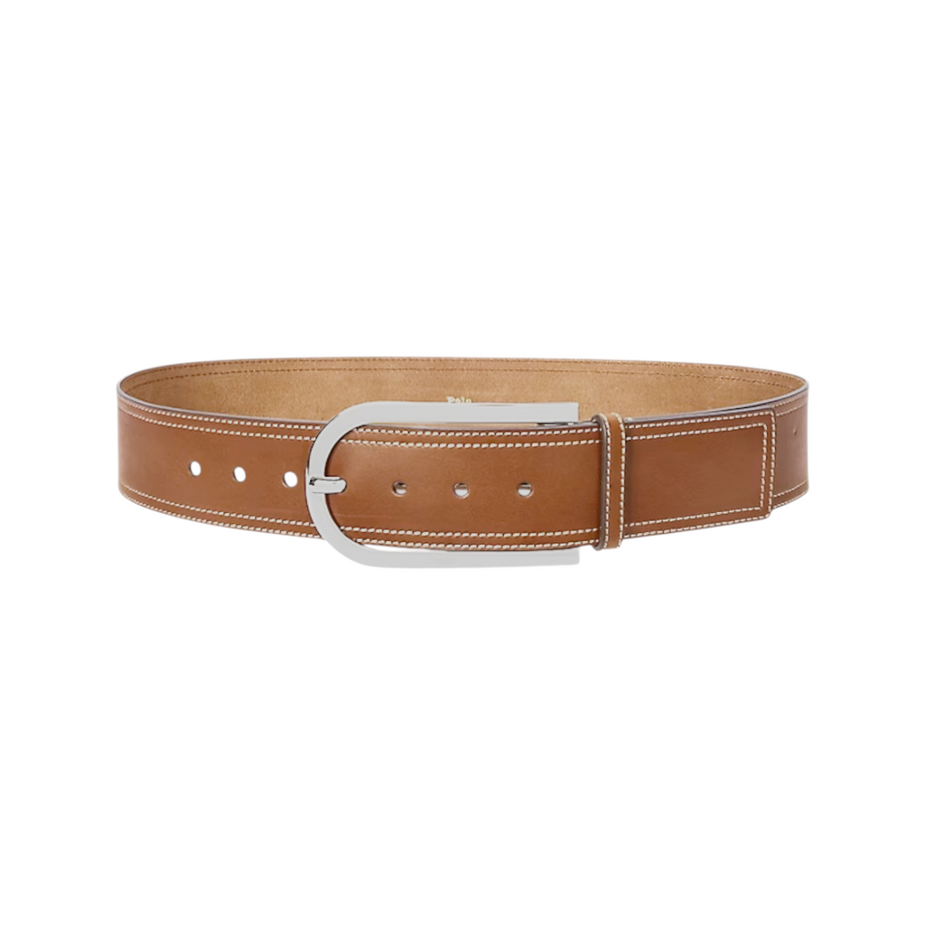 POLO RALPH LAUREN Elongated-Buckle Leather Belt in Cuoio & Silver M Polo Ralph Lauren