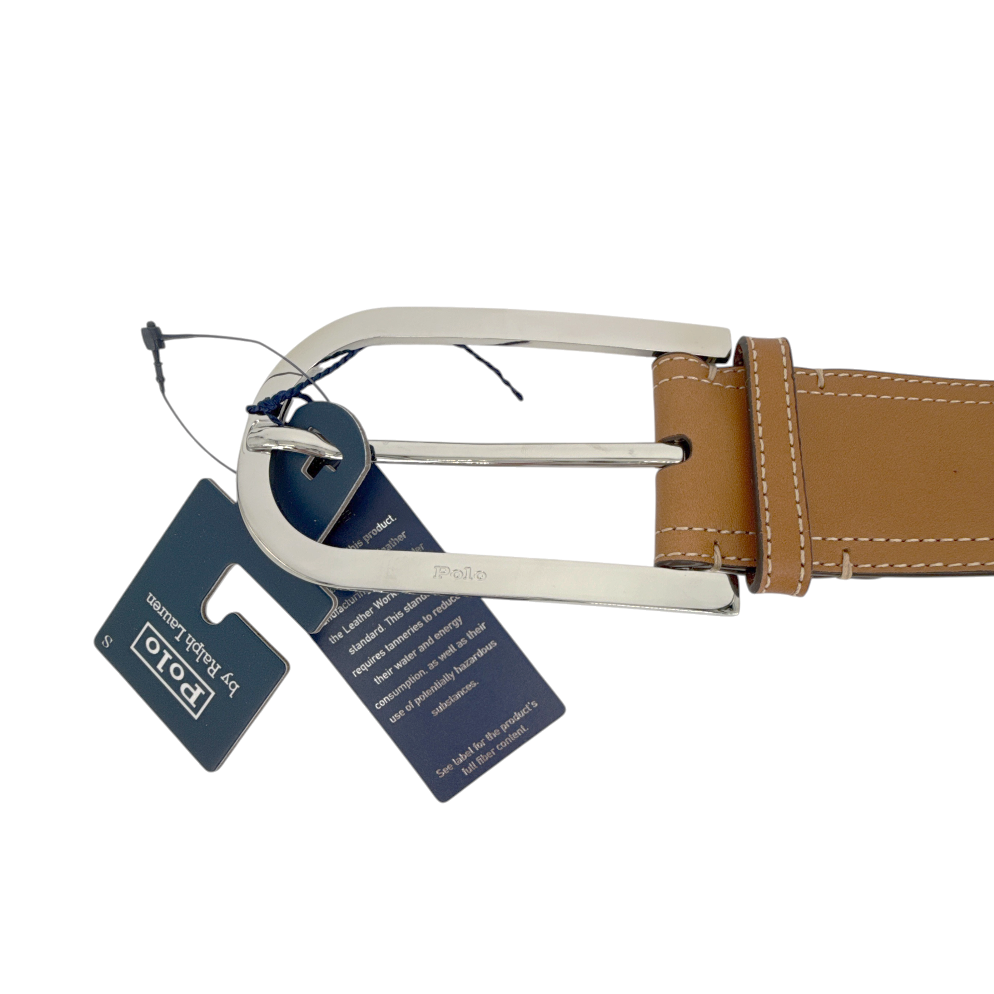 POLO RALPH LAUREN Elongated-Buckle Leather Belt in Cuoio & Silver M Polo Ralph Lauren