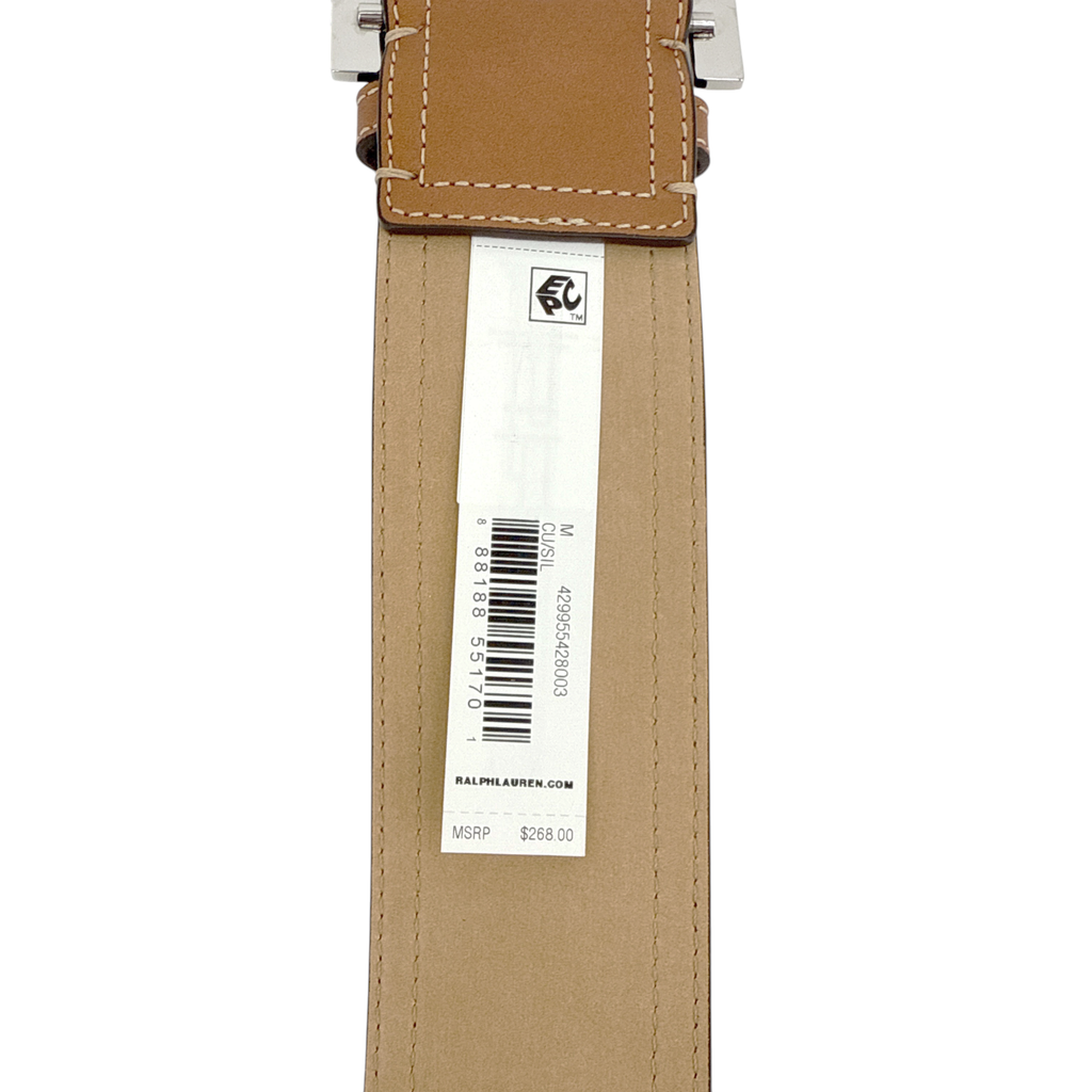POLO RALPH LAUREN Elongated-Buckle Leather Belt in Cuoio & Silver M Polo Ralph Lauren