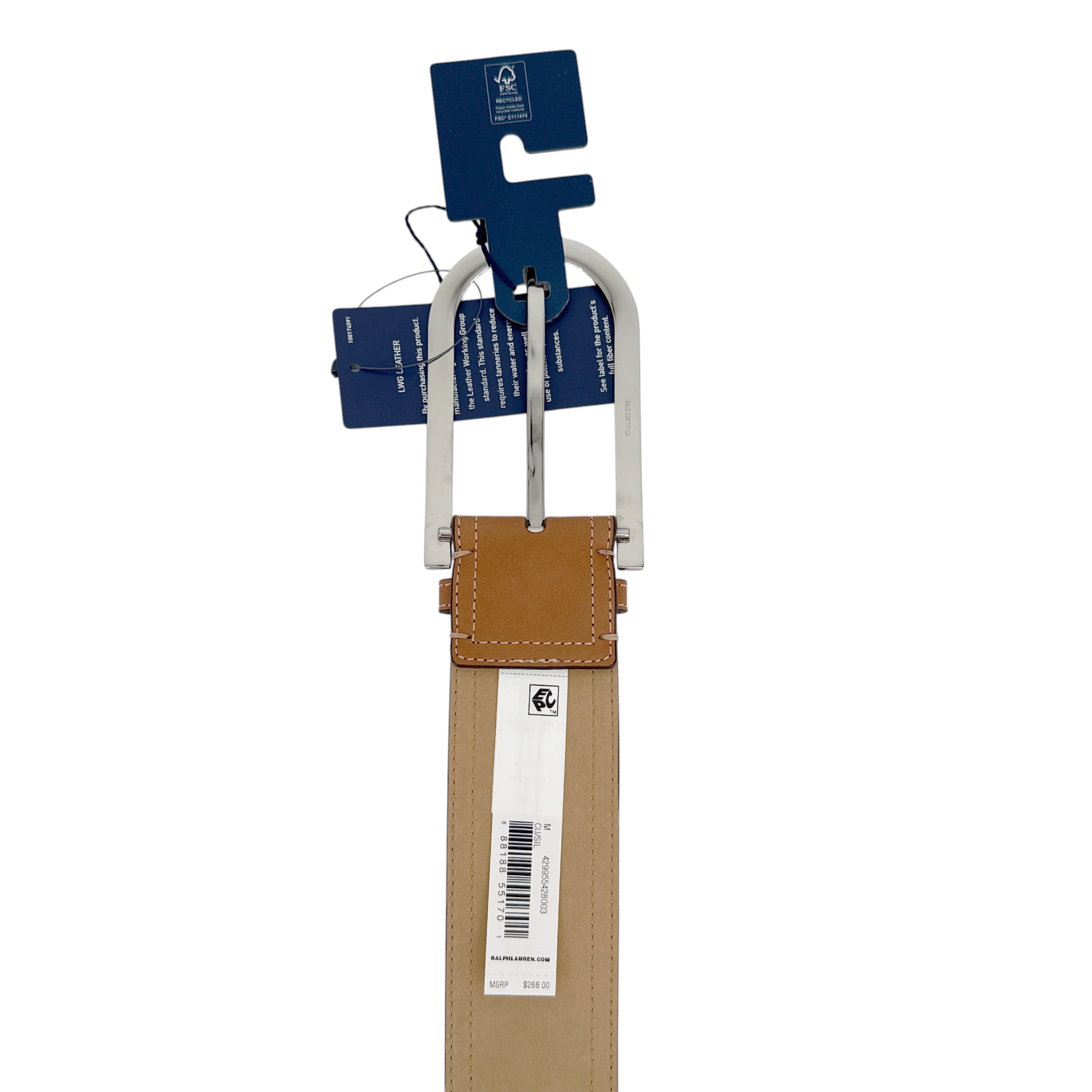 POLO RALPH LAUREN Elongated-Buckle Leather Belt in Cuoio & Silver M Polo Ralph Lauren
