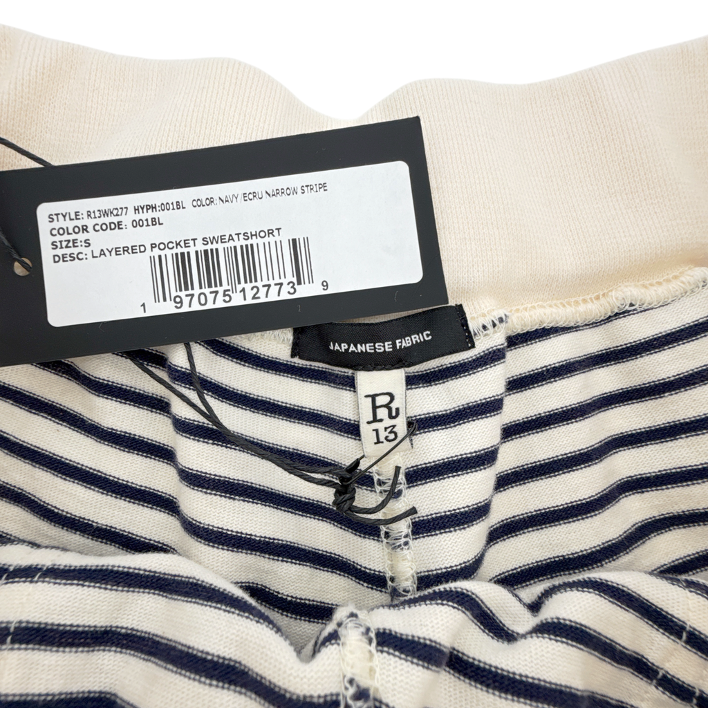 R13 Layered Pocket Sweatshorts in Navy/Ecru Narrow Stripe S R13