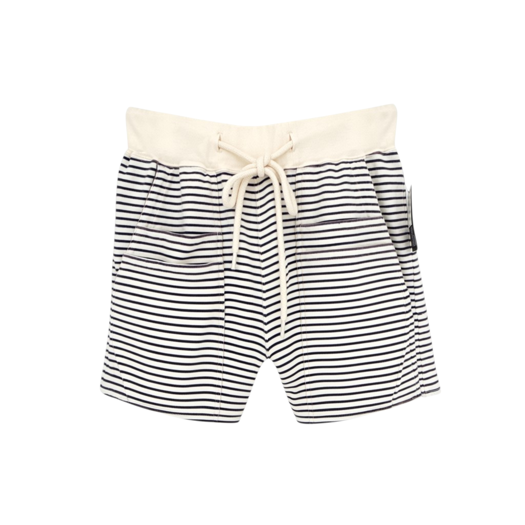 R13 Layered Pocket Sweatshorts in Navy/Ecru Narrow Stripe S R13