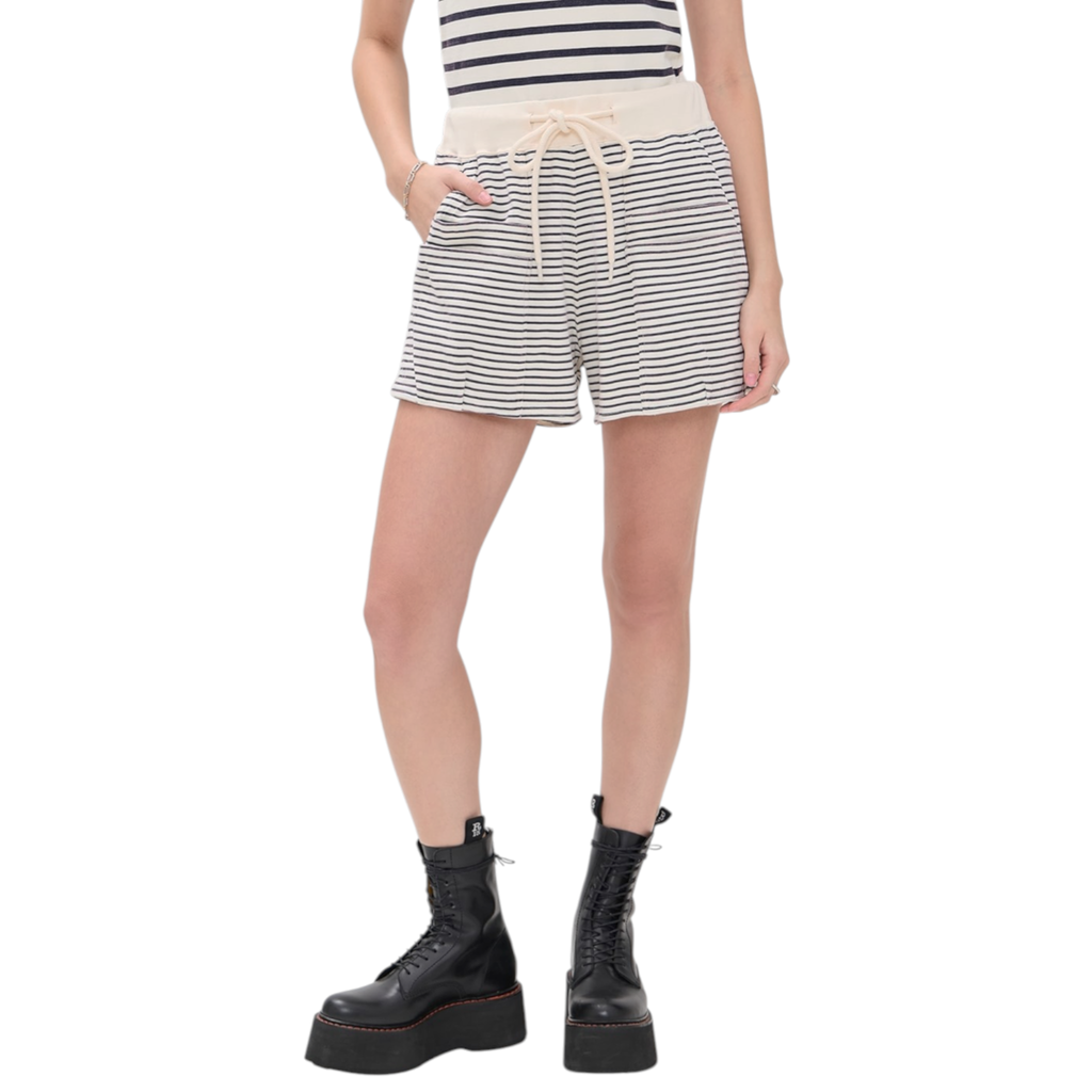 R13 Layered Pocket Sweatshorts in Navy/Ecru Narrow Stripe S R13