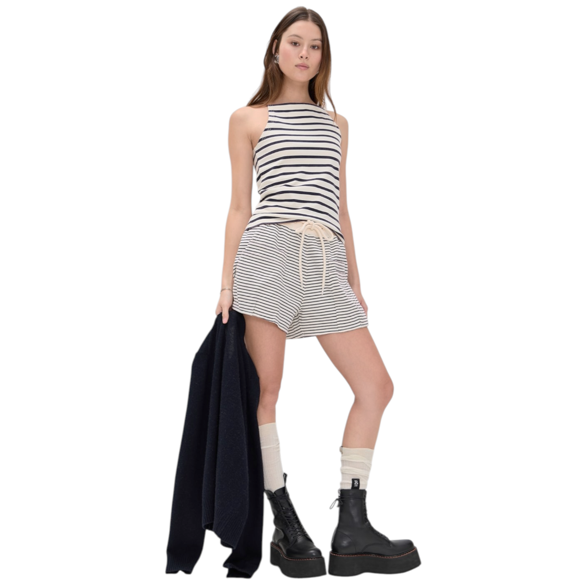R13 Layered Pocket Sweatshorts in Navy/Ecru Narrow Stripe S R13