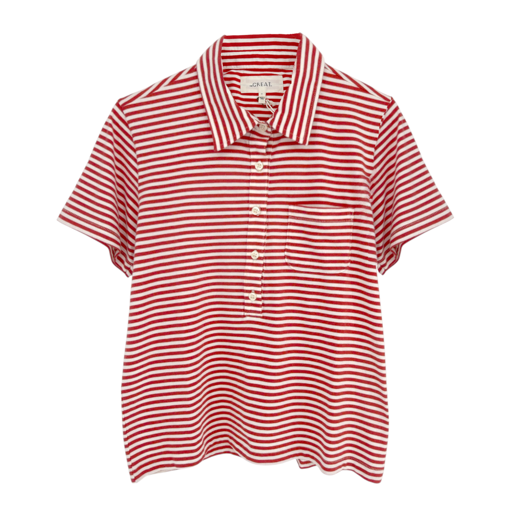 THE GREAT. The Lacrosse Polo. In Sun Cherry Stripe 0|XS The Great.