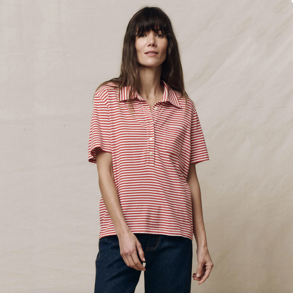 THE GREAT. The Lacrosse Polo. In Sun Cherry Stripe 0|XS The Great.