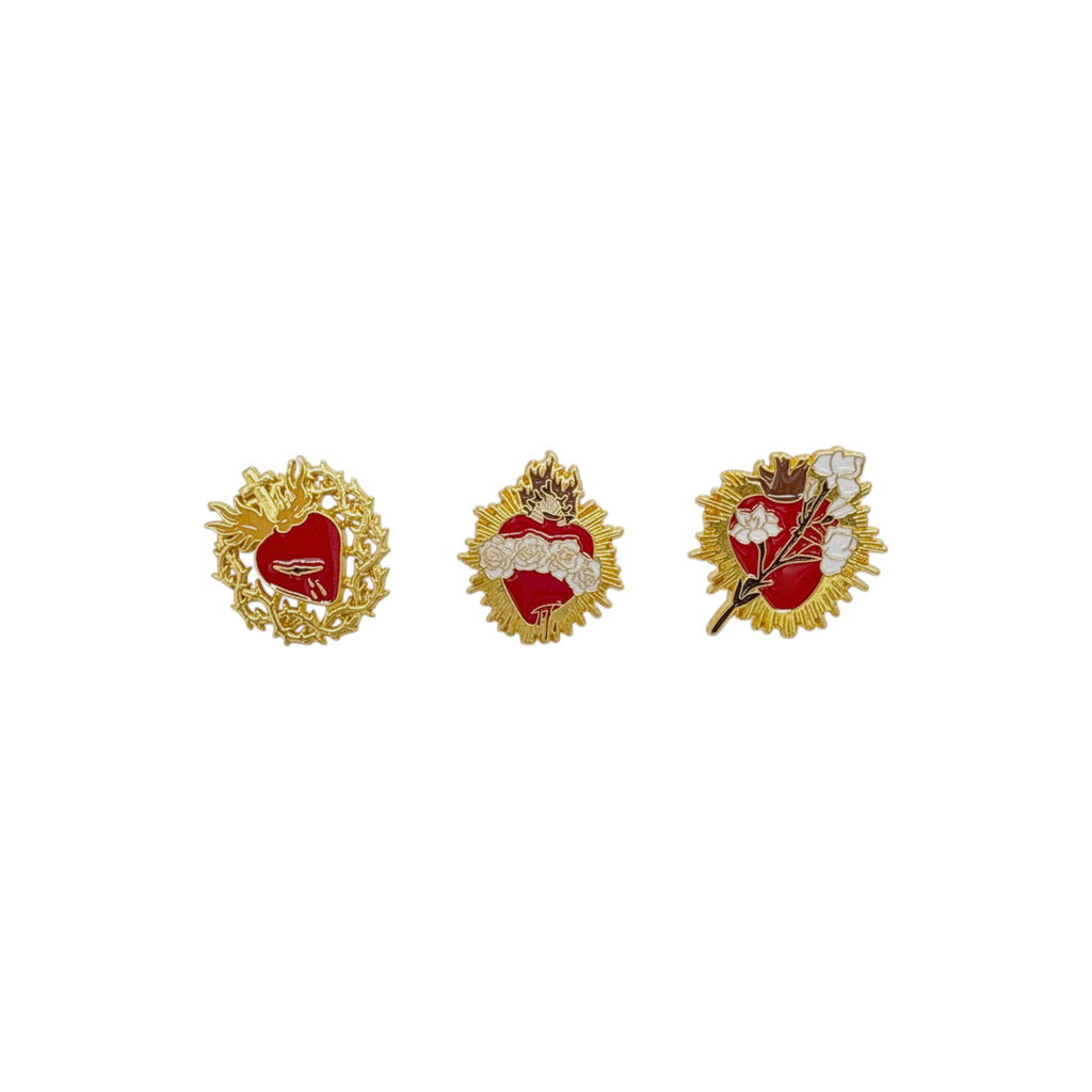 THE THREE HEARTS of the Holy Family Brooch Pins & Prayer Card Gift Set Fratelli Bonella