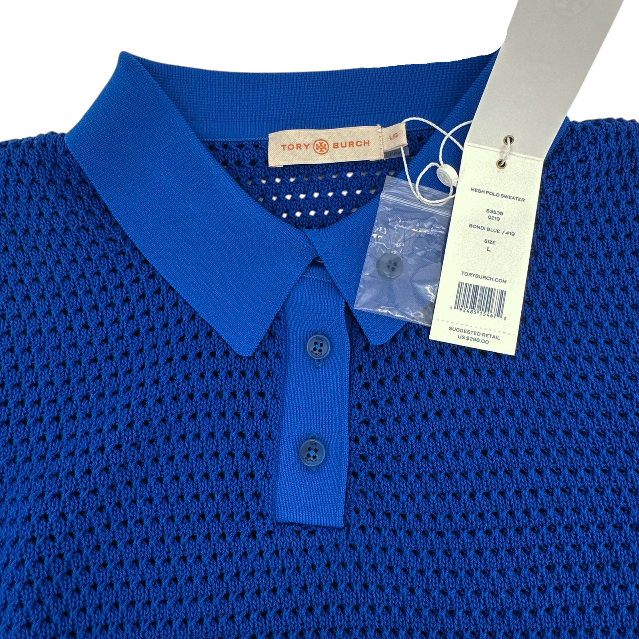 TORY BURCH Mesh Polo Sweater in Bondi Blue L Tory Burch