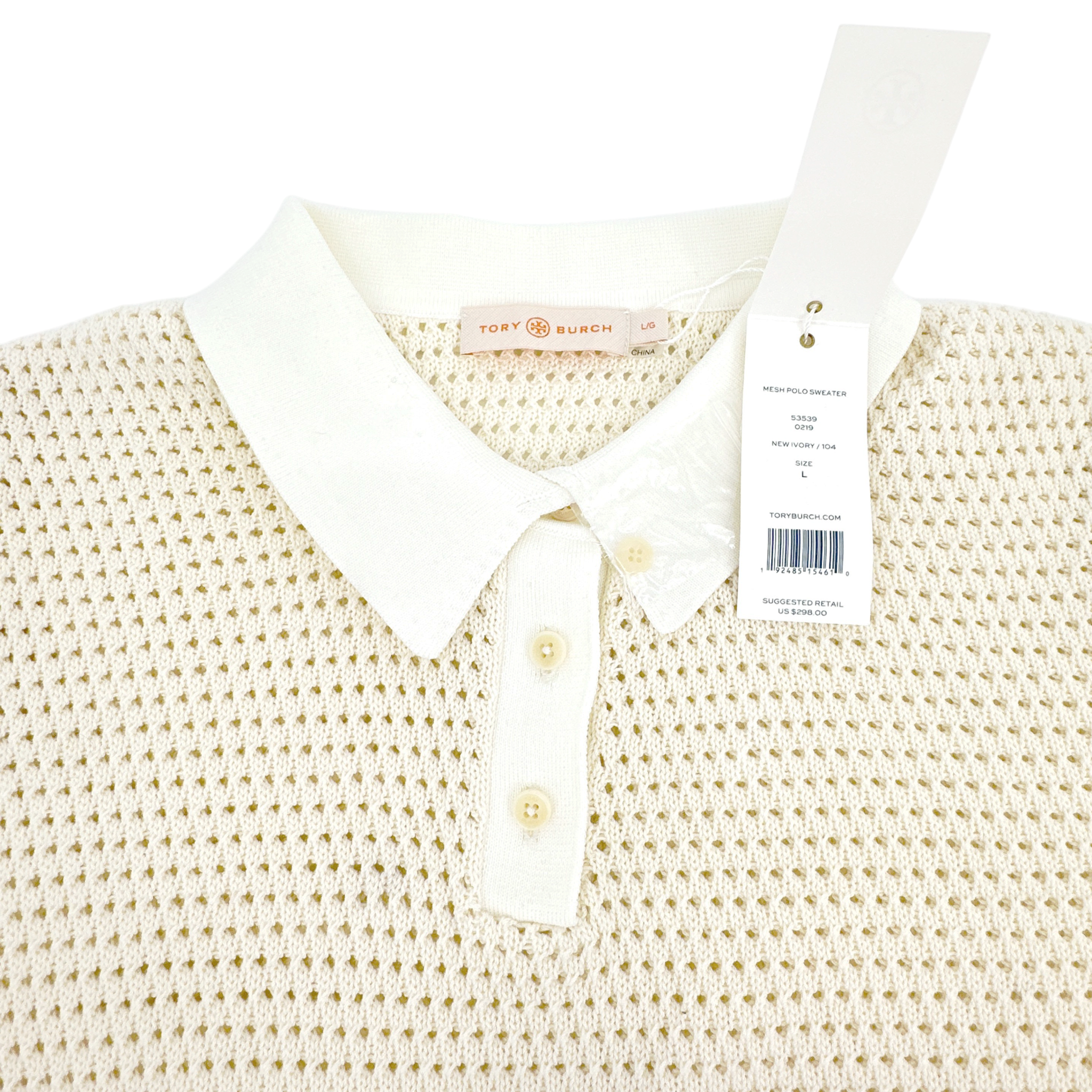 TORY BURCH Mesh Polo Sweater in White L Tory Burch