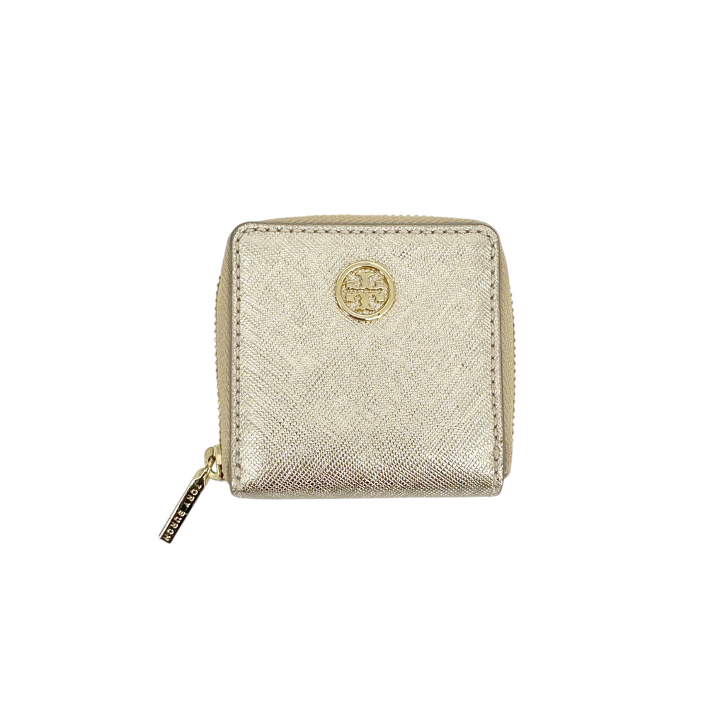 TORY BURCH Robinson Mini Zip Coin Case in Metallic Gold Tory Burch