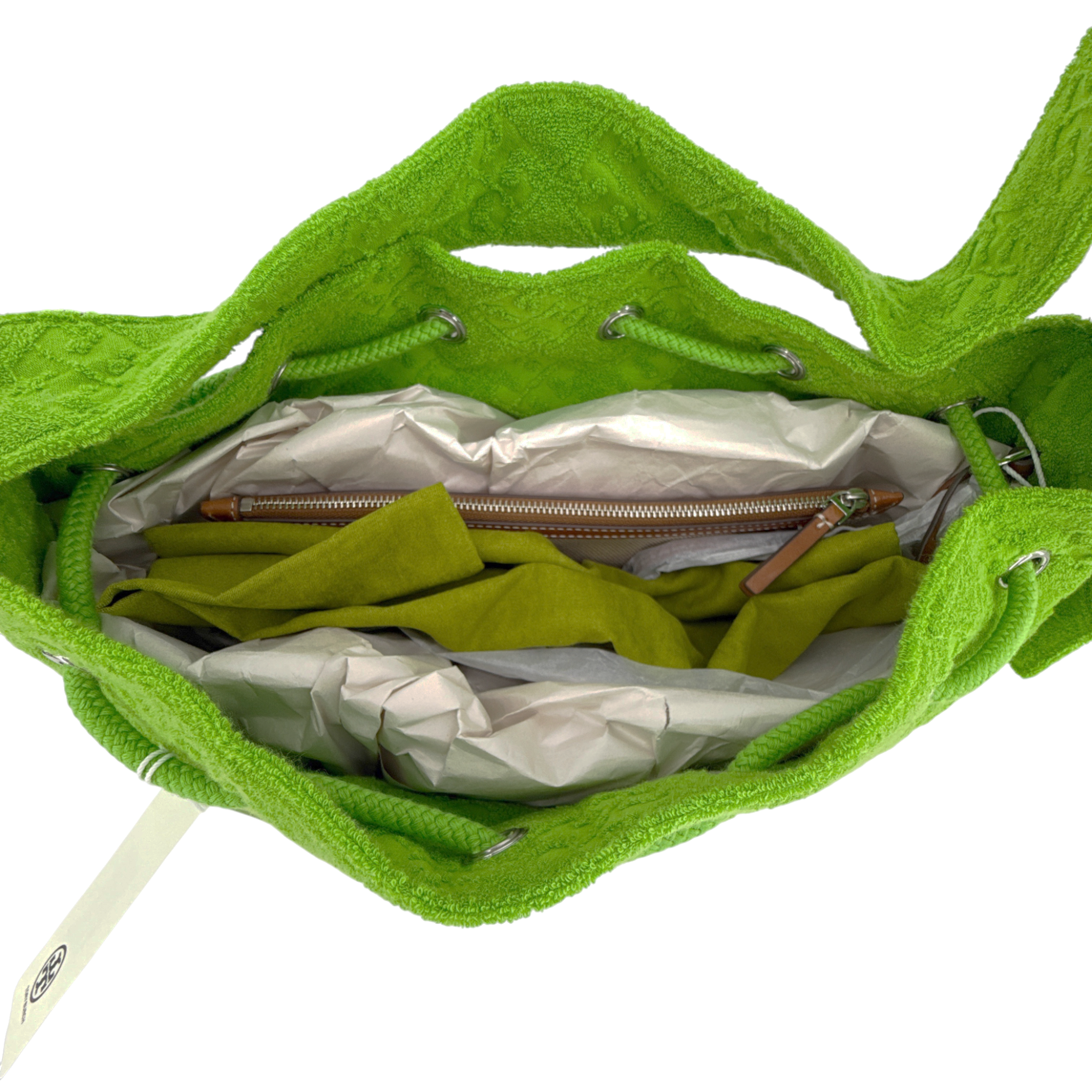 TORY BURCH T Monogram Oversized Bucket Bag in Terry Cloth Monster Green Tory Burch