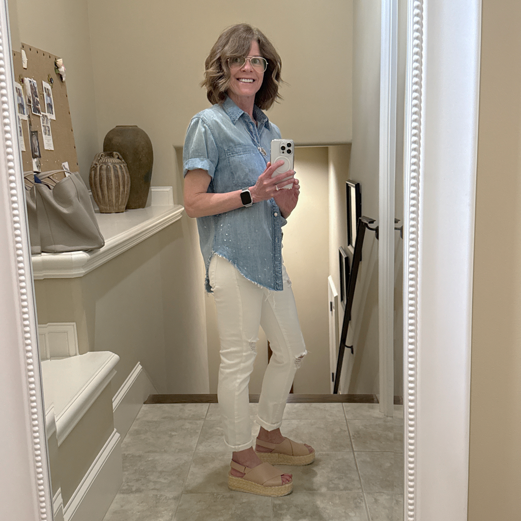 MOTHER Short Sleeve Frenchie Frayed Hem in Fixed S Mother