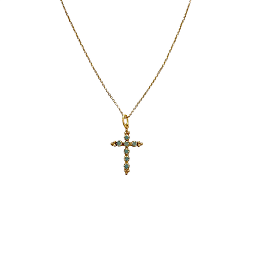 VIRGINS SAINTS & ANGELS VSA Madonna Cross Necklace in Pacific Opal & Gold Virgins Saints & Angels