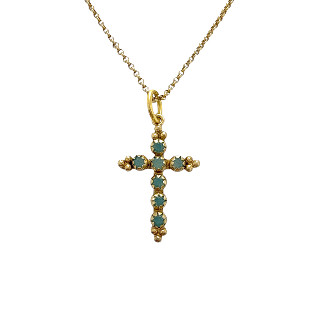 VIRGINS SAINTS & ANGELS VSA Madonna Cross Necklace in Pacific Opal & Gold Virgins Saints & Angels