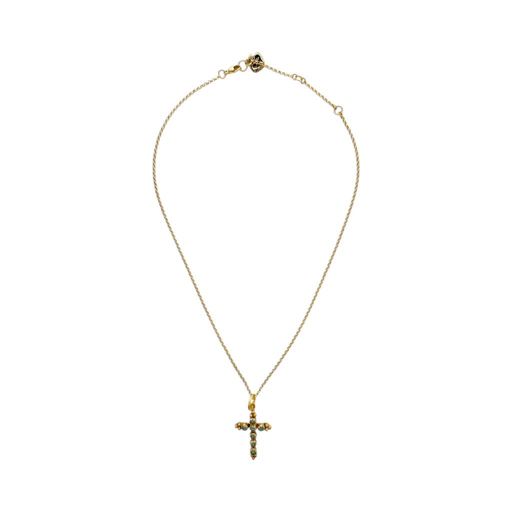 VIRGINS SAINTS & ANGELS VSA Madonna Cross Necklace in Pacific Opal & Gold Virgins Saints & Angels