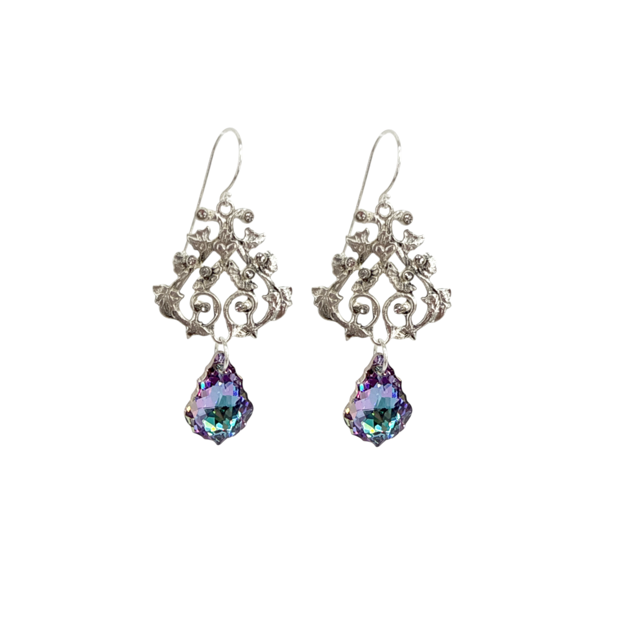 VIRGINS SAINTS & ANGELS VSA Vine Earrings with Cross in Silver & Vitrail Light Virgins Saints & Angels