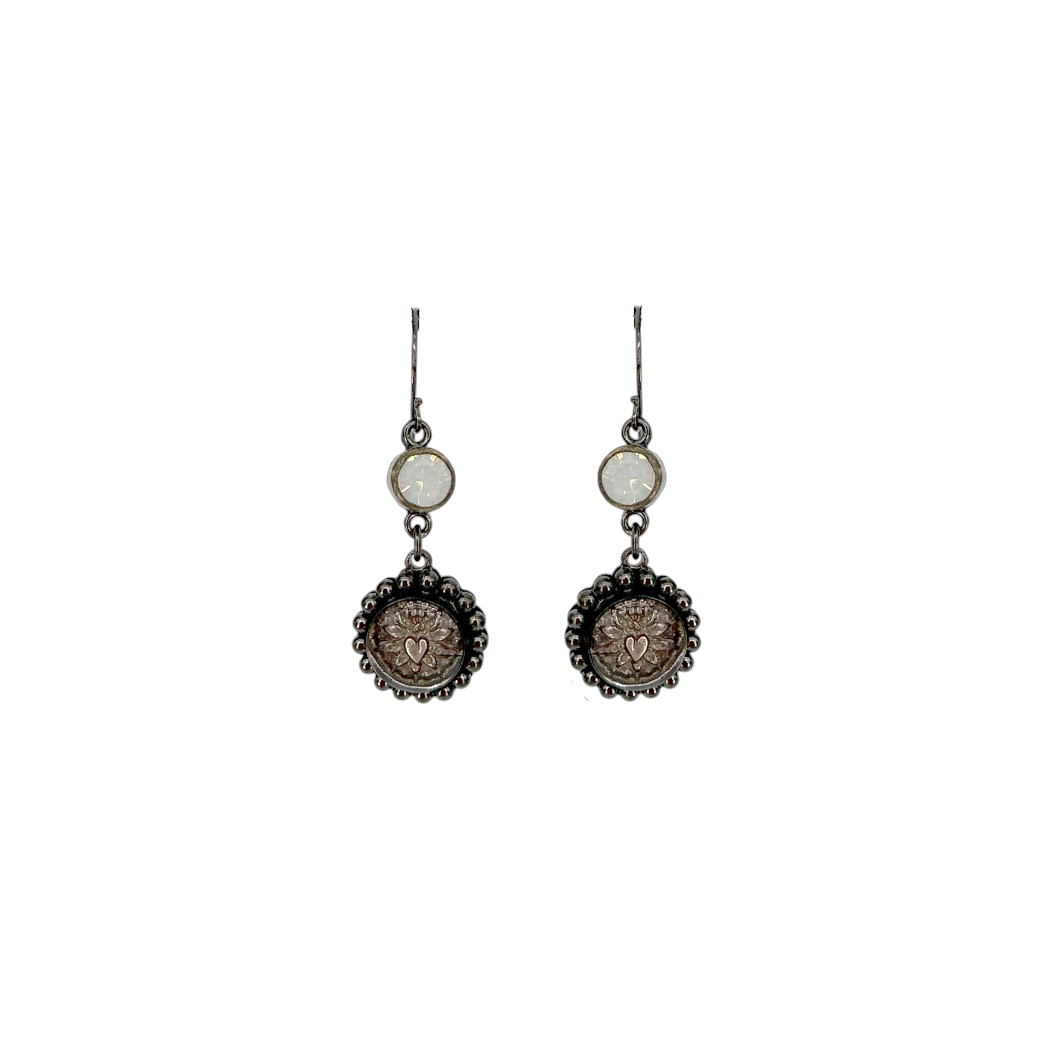 VIRGINS SAINTS & ANGELS VSA Magdalena Sacred Heart Earrings Gunmetal White Opal Virgins Saints & Angels