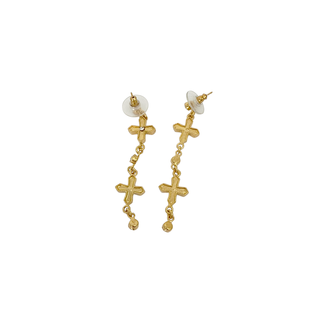 VIRGINS SAINTS & ANGELS VSA Peace Cross 2 Crystal Drop Post Earrings in Gold Virgins Saints & Angels