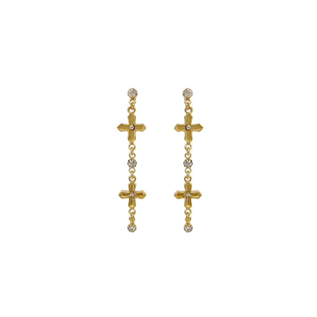 VIRGINS SAINTS & ANGELS VSA Peace Cross 2 Crystal Drop Post Earrings in Gold Virgins Saints & Angels
