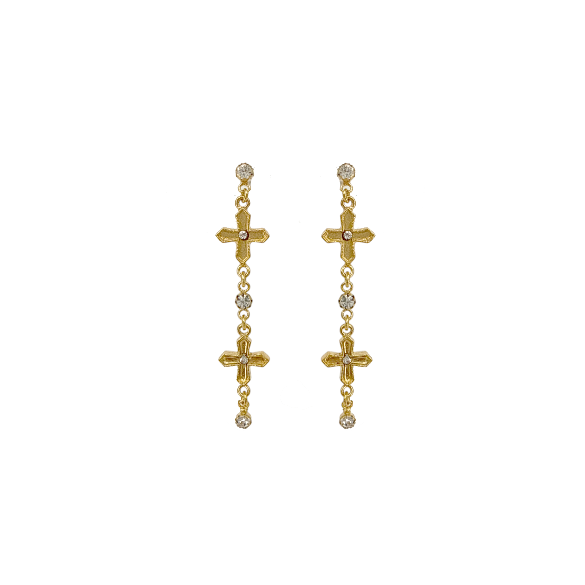 VIRGINS SAINTS & ANGELS VSA Peace Cross 2 Crystal Drop Post Earrings in Gold Virgins Saints & Angels