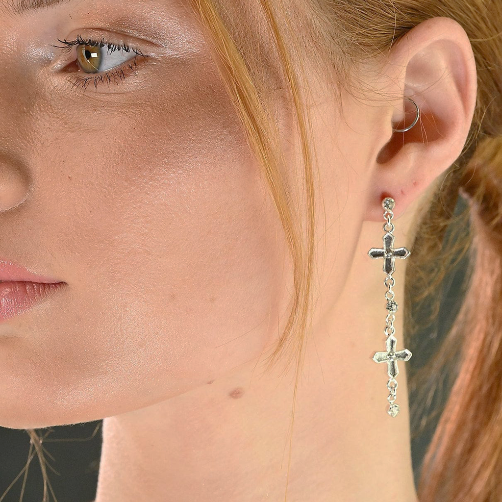 VIRGINS SAINTS & ANGELS VSA Peace Cross 2 Crystal Drop Post Earrings in Silver Virgins Saints & Angels