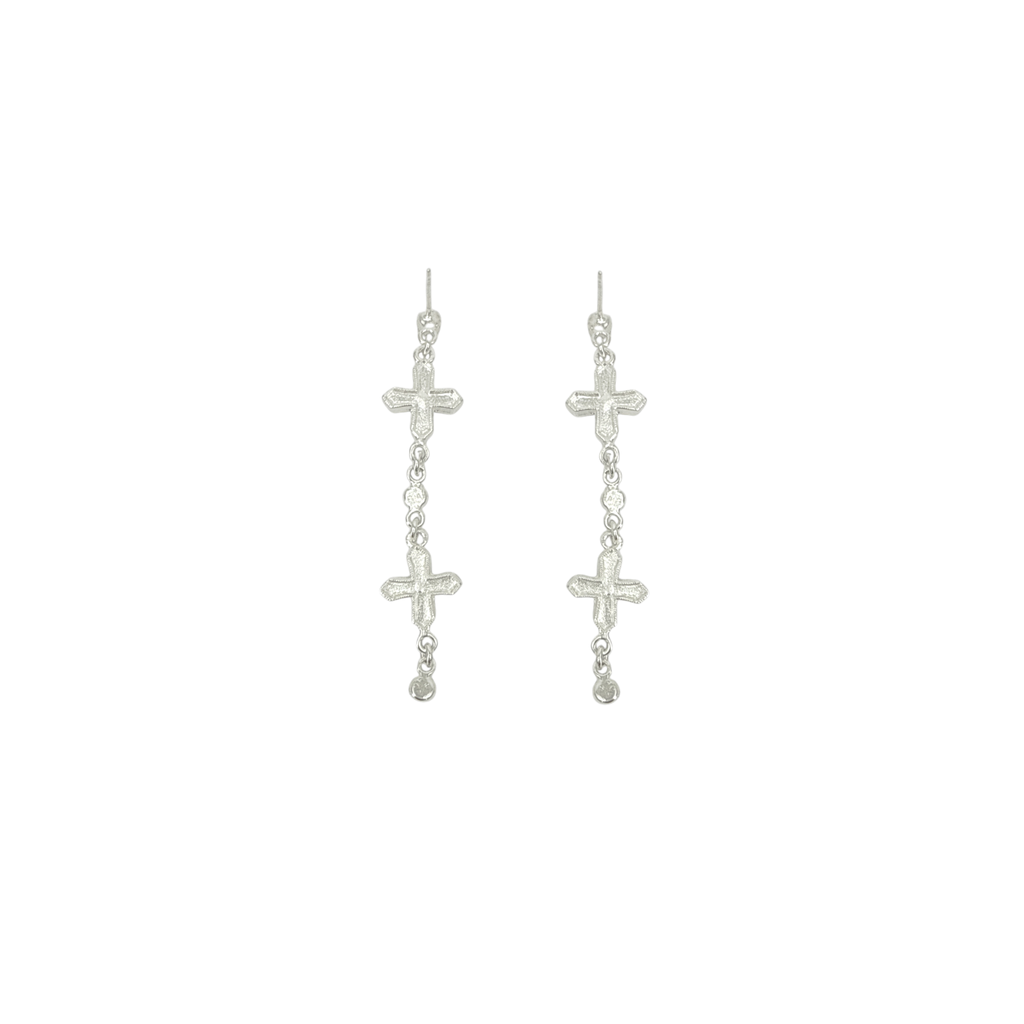 VIRGINS SAINTS & ANGELS VSA Peace Cross 2 Crystal Drop Post Earrings in Silver Virgins Saints & Angels