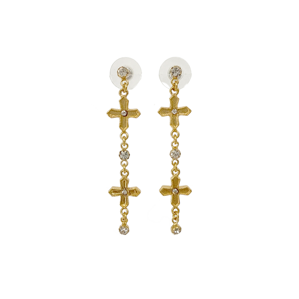 VIRGINS SAINTS & ANGELS VSA Peace Cross 2 Crystal Drop Post Earrings in Gold Virgins Saints & Angels