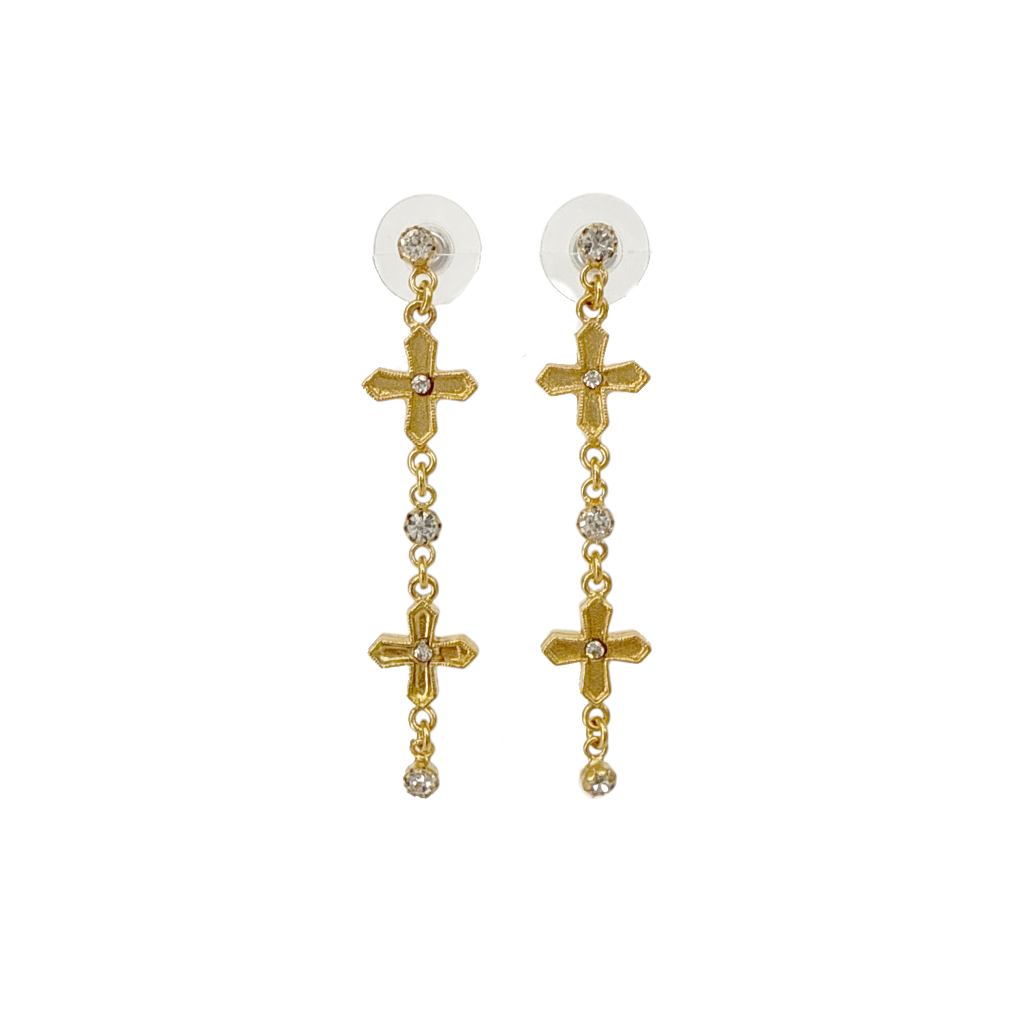 VIRGINS SAINTS & ANGELS VSA Peace Cross 2 Crystal Drop Post Earrings in Gold Virgins Saints & Angels