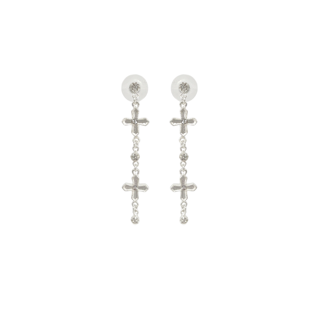 VIRGINS SAINTS & ANGELS VSA Peace Cross 2 Crystal Drop Post Earrings in Silver Virgins Saints & Angels