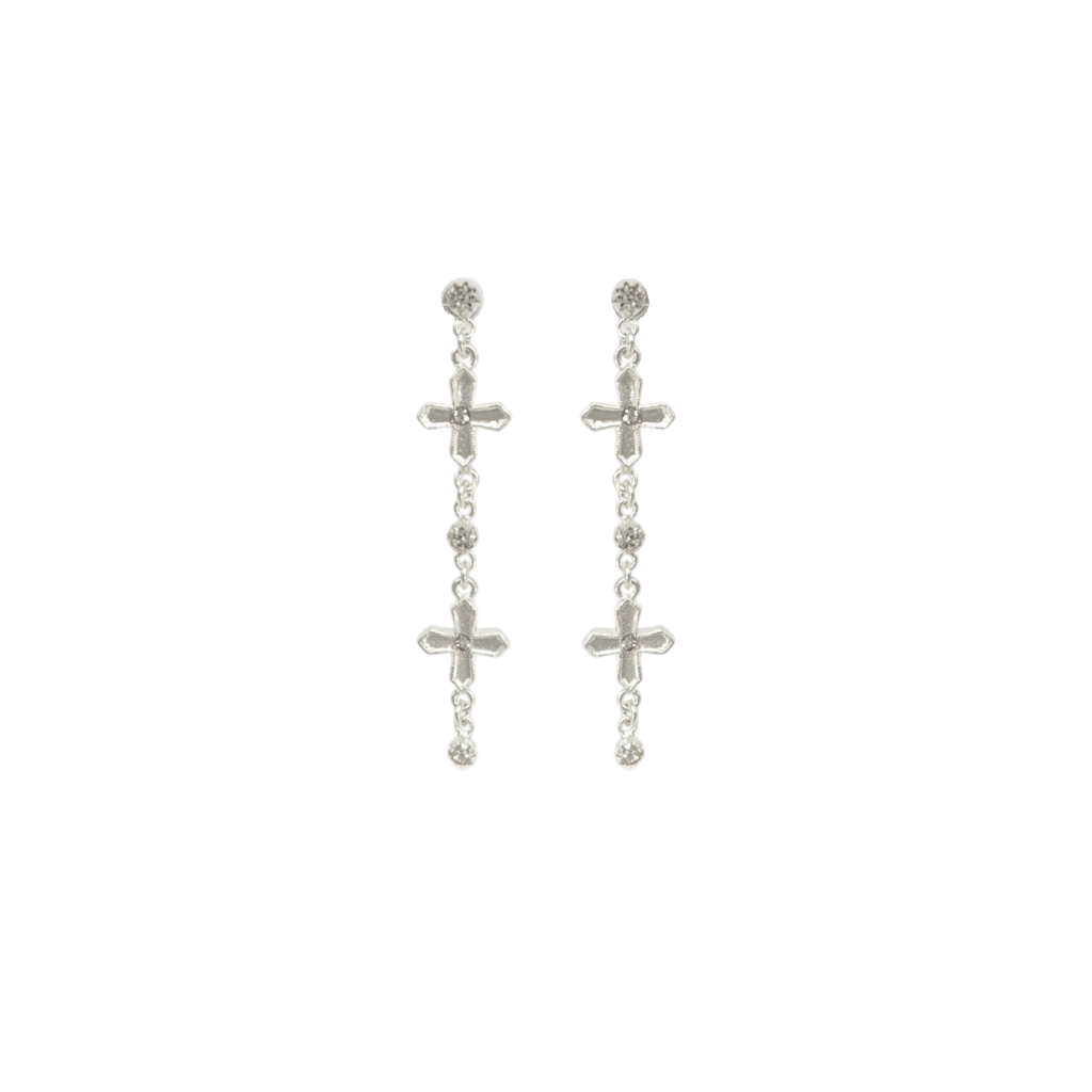 VIRGINS SAINTS & ANGELS VSA Peace Cross 2 Crystal Drop Post Earrings in Silver Virgins Saints & Angels
