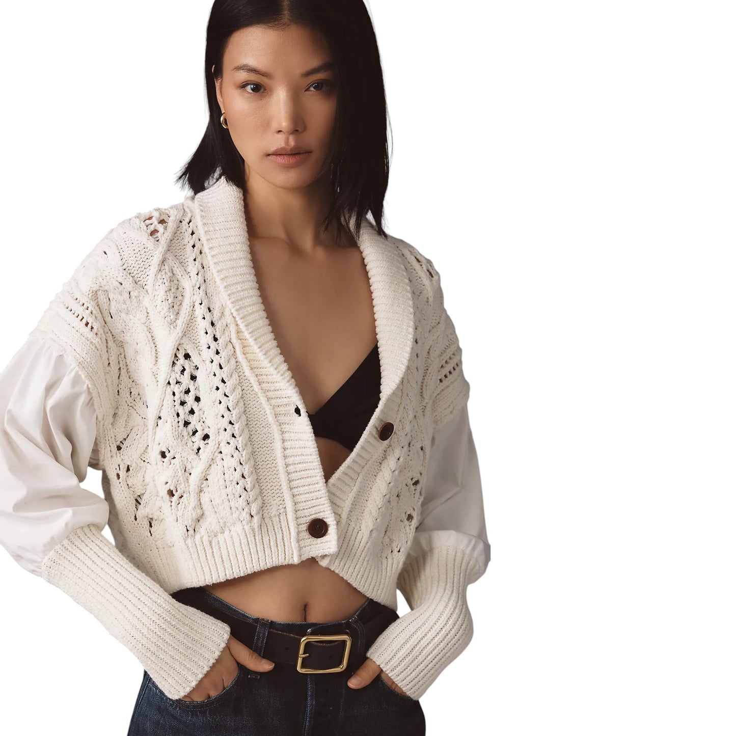 ANTHROPOLOGIE Balloon-Sleeve Twofer Cable-Knit Cardigan Sweater S