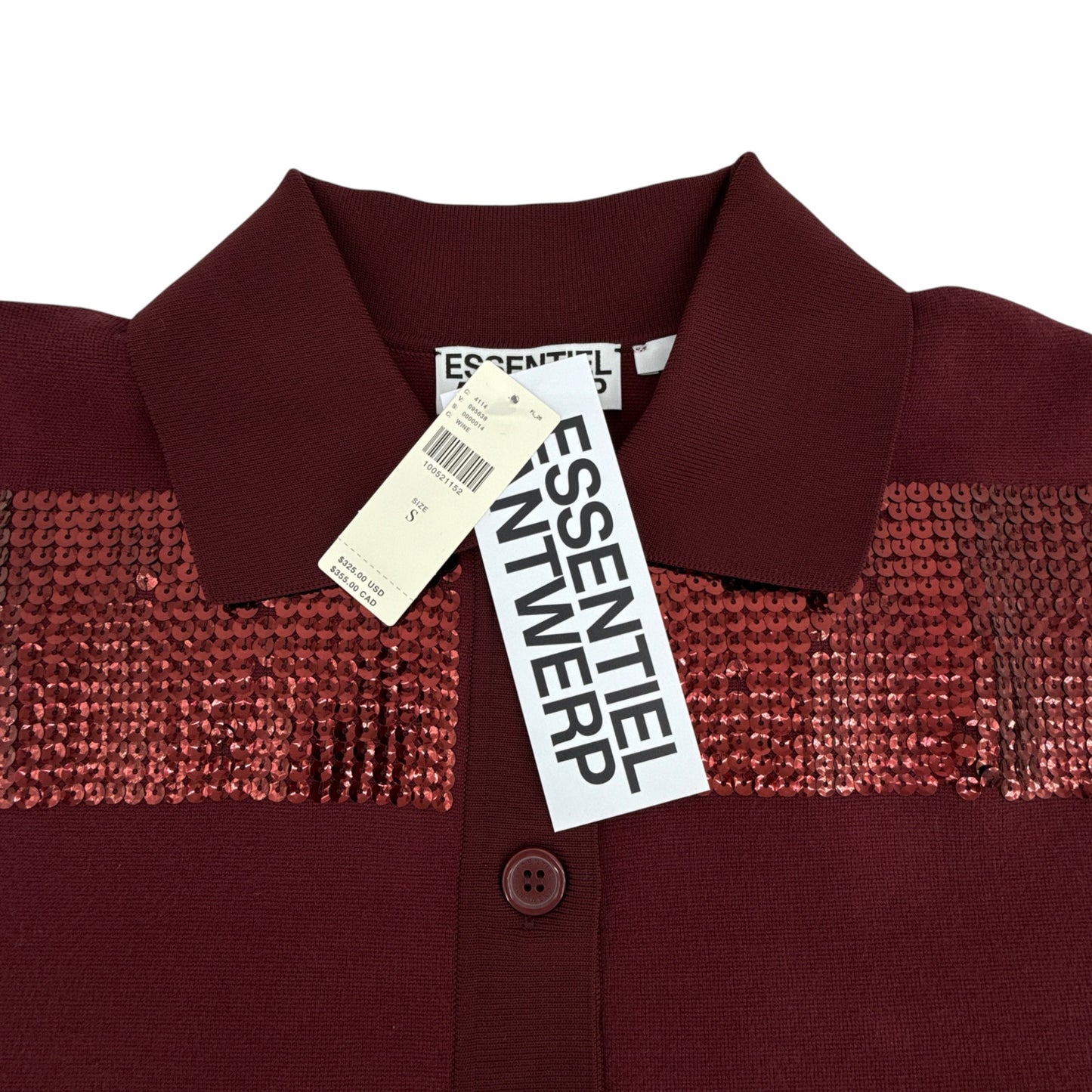 ESSENTIEL ANTWERP Illuminati Sequin Striped Polo Shirt in Wine S
