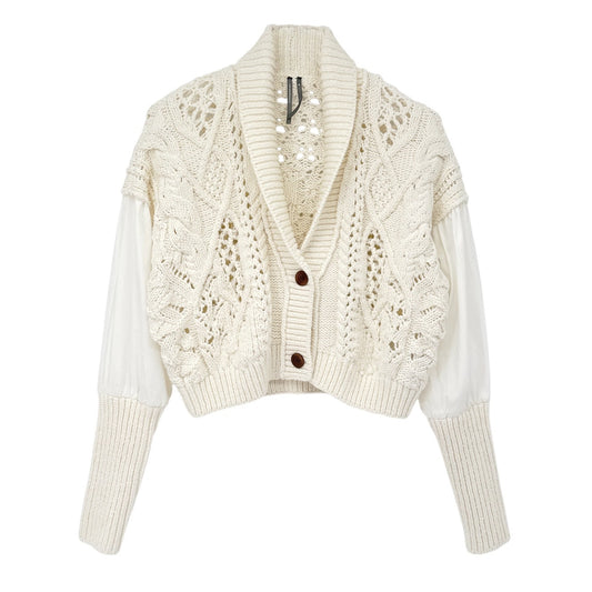 ANTHROPOLOGIE Balloon-Sleeve Twofer Cable-Knit Cardigan Sweater XS